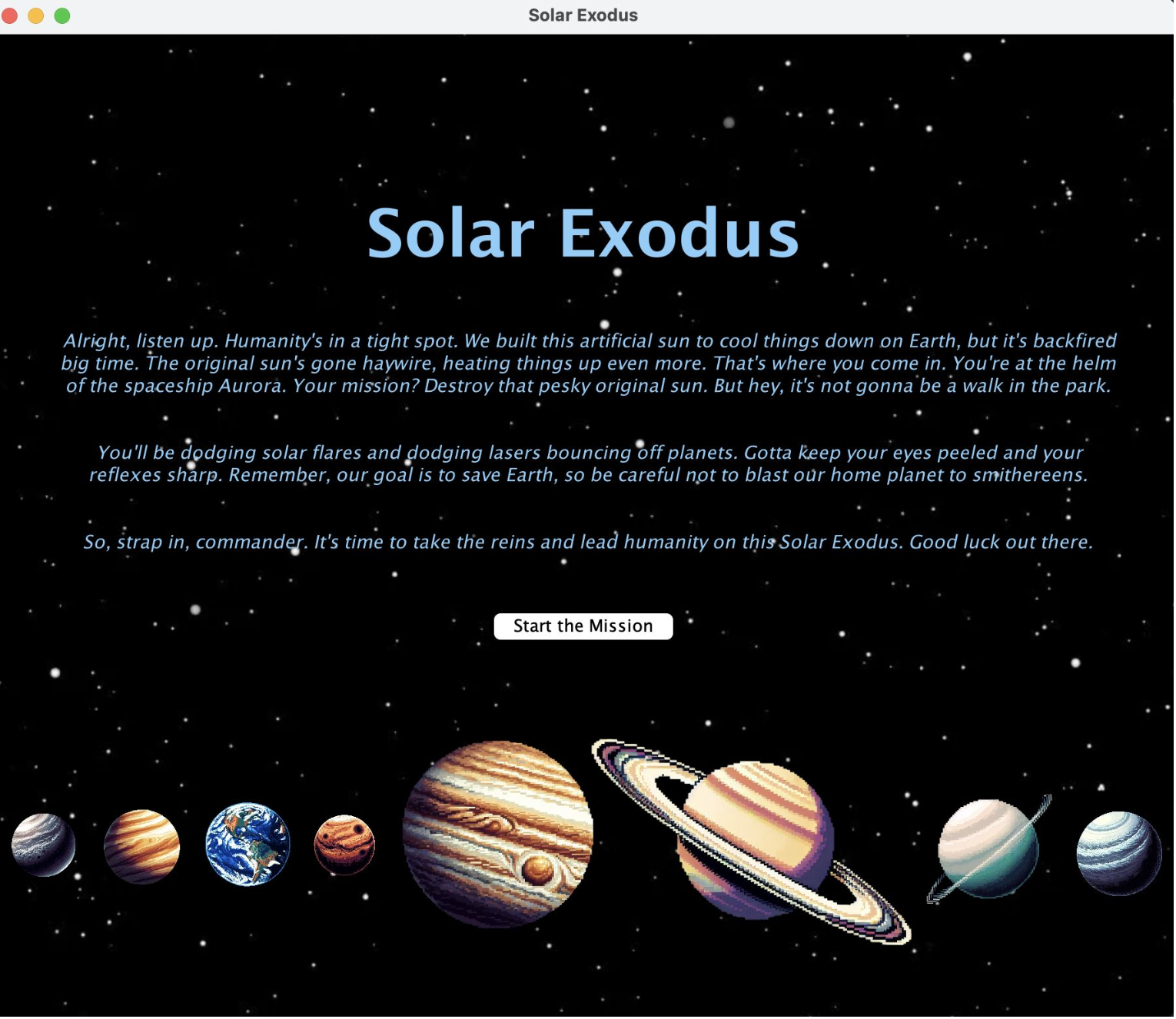 Solar Exodus Start Screen